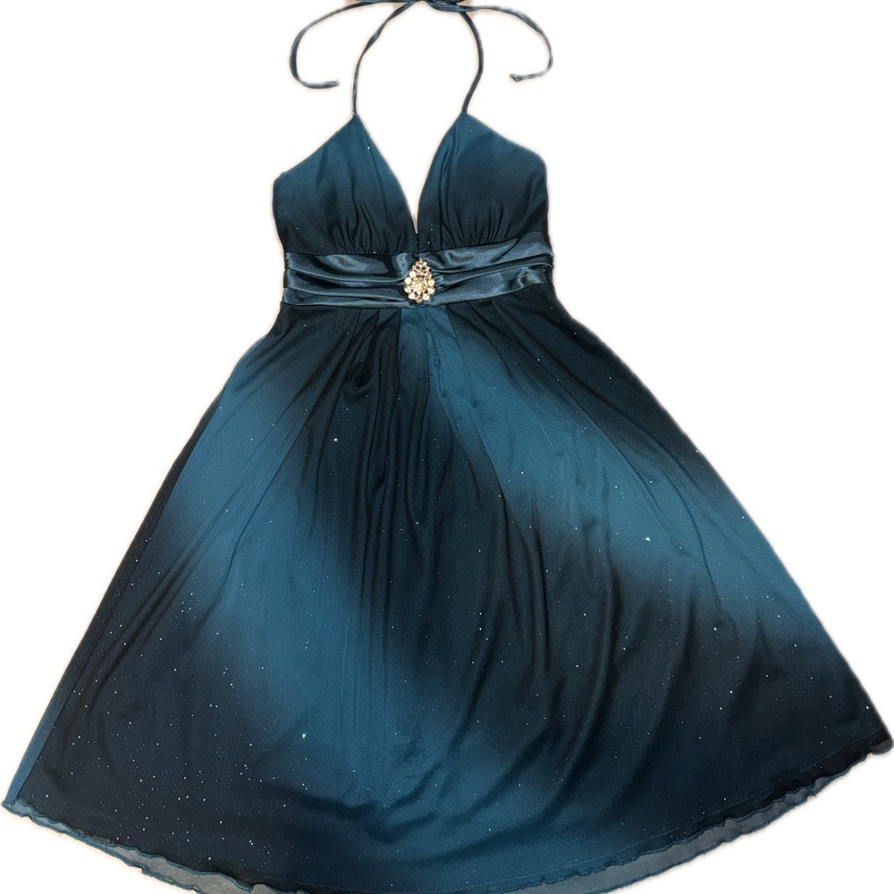 Bwear Teal Ombre Babydoll Halter Tie Dress with Jewel Accent